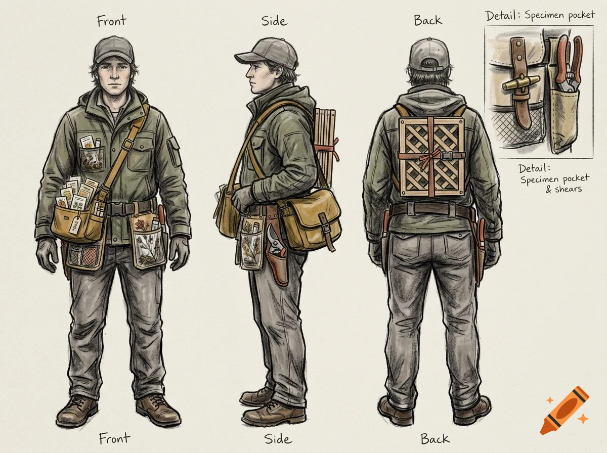 Character design sheet showing front, side, and back views of a person in outdoor gear with specimen pockets and a wooden crate backpack, drawn in an ink and pencil style.