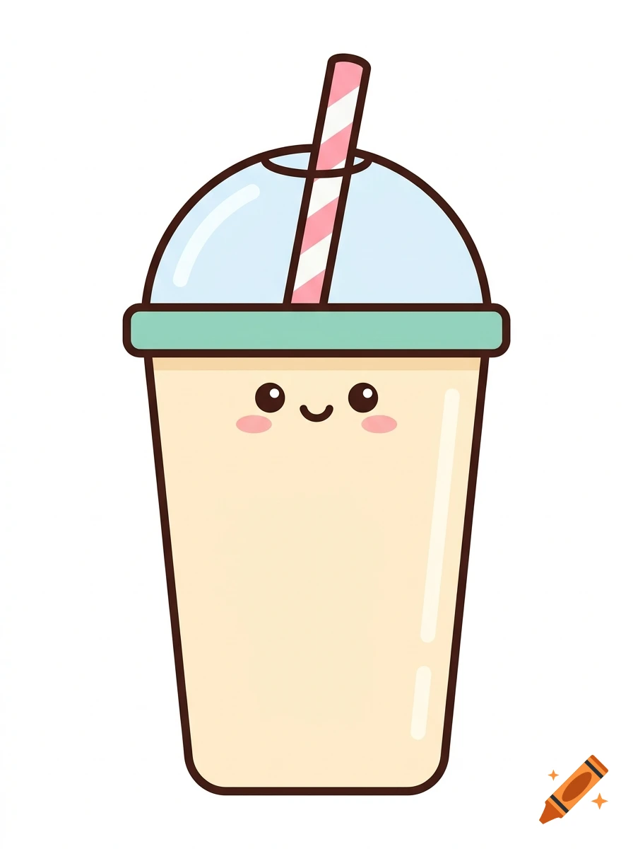A cute kawaii bubble tea cup vector illustration with a smiling face, mint rim, and striped straw against a white background.
