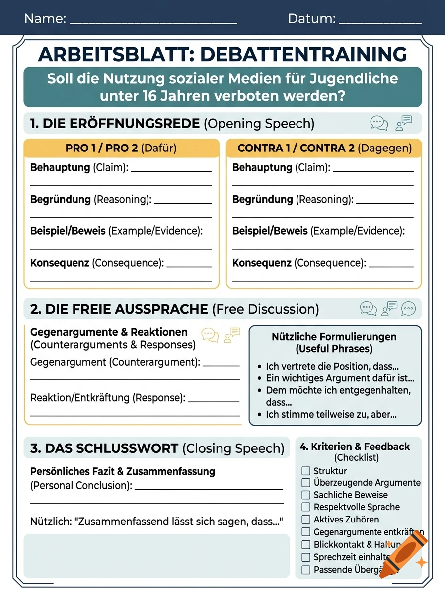 An educational worksheet in German titled Arbeitsblatt Debattentraining about social media usage for teenagers.