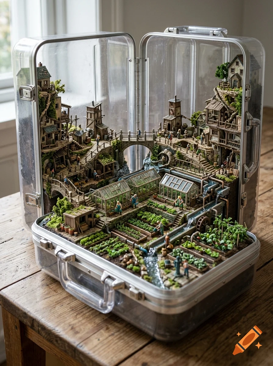 A detailed miniature village with houses, greenhouses, and gardens built inside an open transparent suitcase on a wooden table.