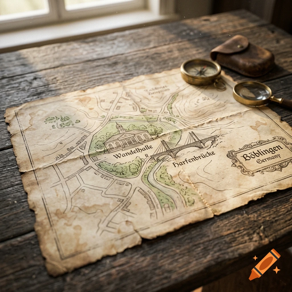 Vintage styled map of Böblingen on a wooden table with a compass and magnifying glass.