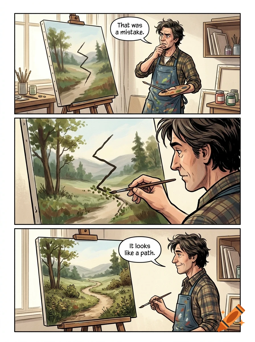 A three-panel comic strip showing an artist painting a landscape on a canvas, turning a jagged mistake into a winding path.