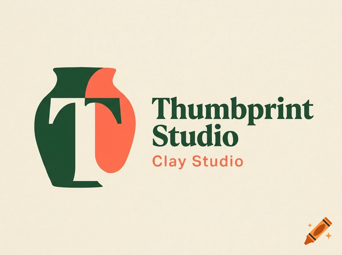 A logo for Thumbprint Studio Clay Studio featuring a stylized green and coral vase design with a white letter T and the text Thumbprint Studio Clay Studio.