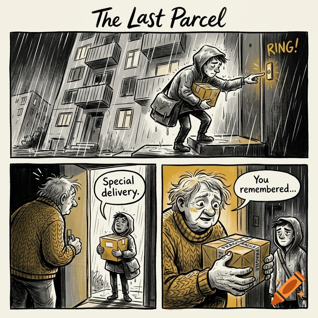 A comic strip titled The Last Parcel showing a tired delivery person delivering a package in the rain.