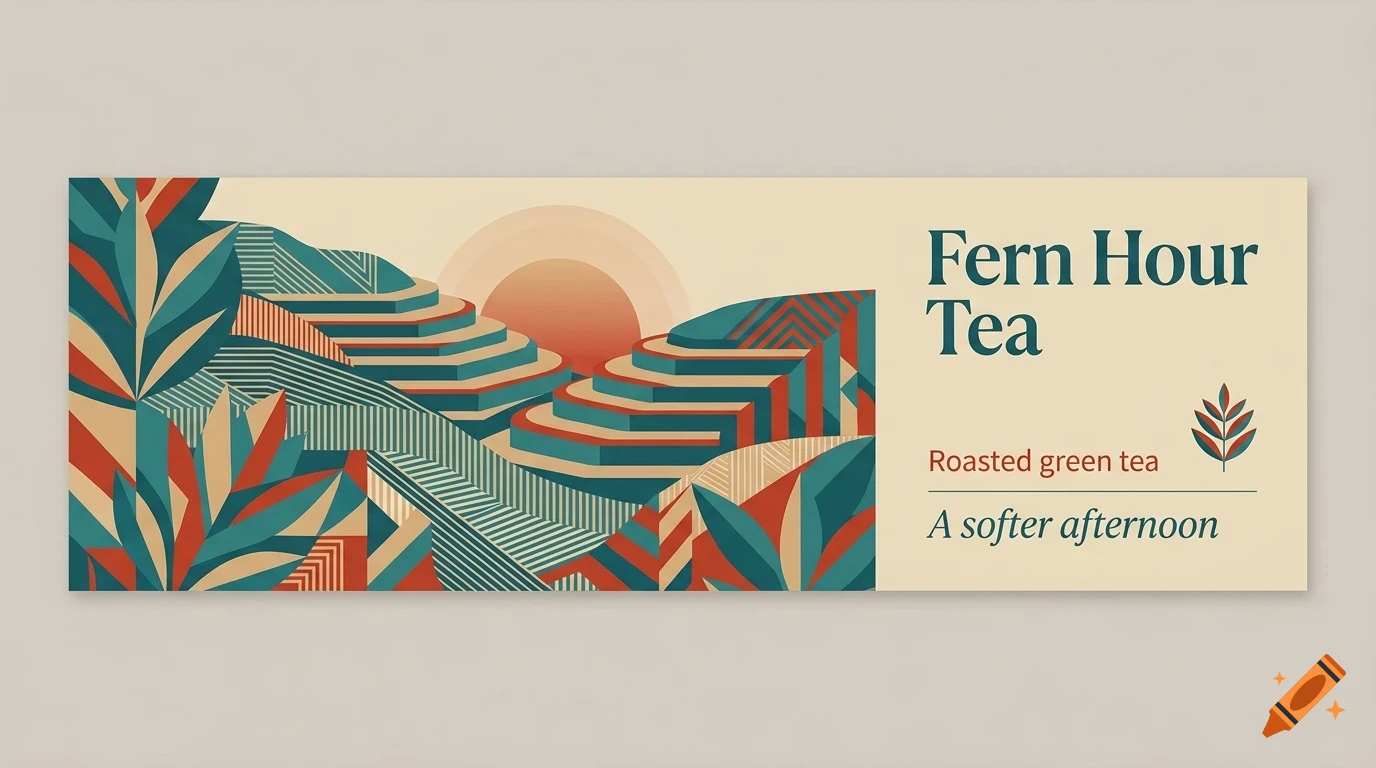 A stylized vector illustration of terraced fields at sunset with the text 'Fern Hour Tea', 'Roasted green tea', and 'A softer afternoon'.