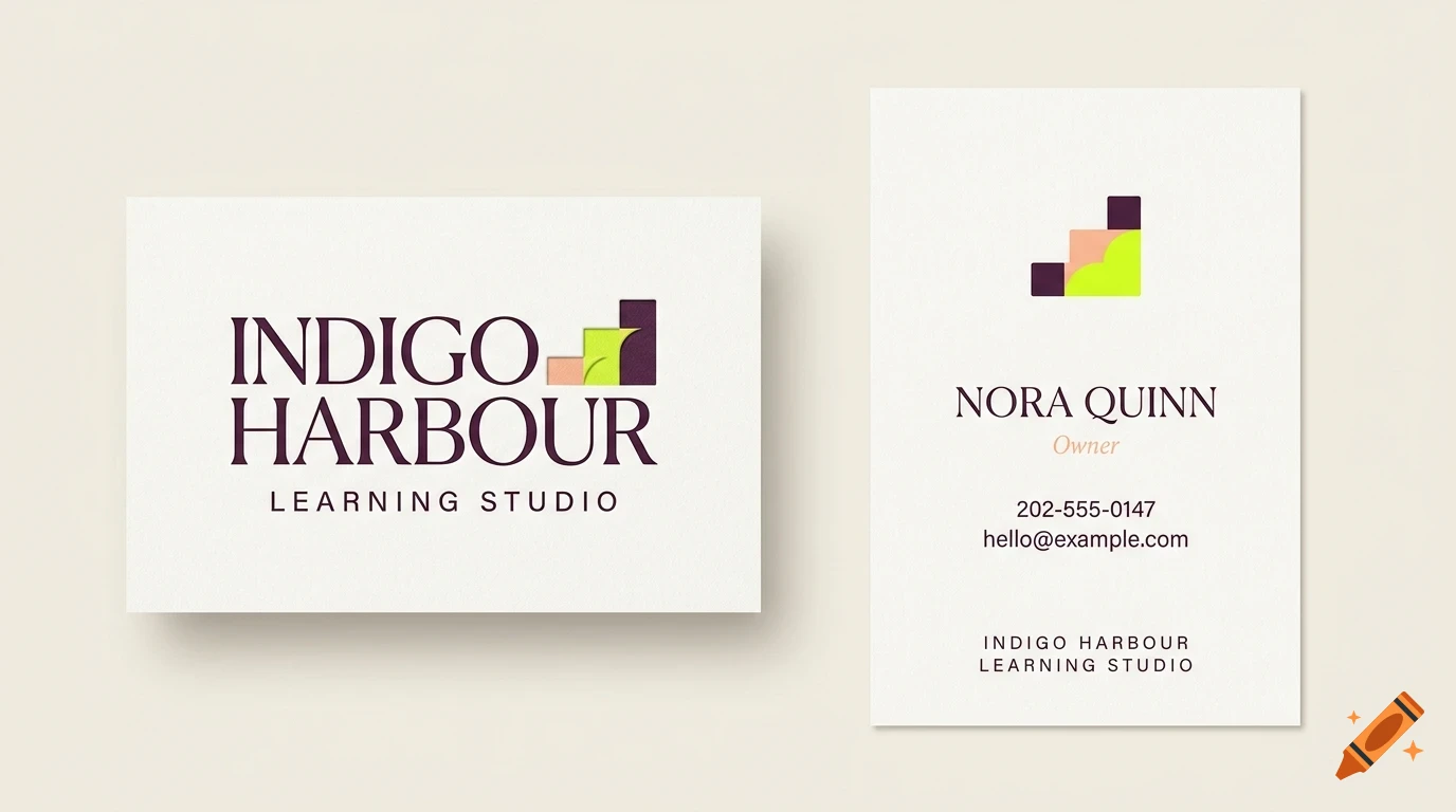Mockup of business cards for Indigo Harbour Learning Studio with geometric logo and text.