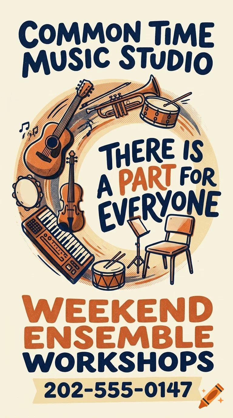 An illustrated poster for Common Time Music Studio featuring various musical instruments, chairs, and lettering reading There Is A Part For Everyone.