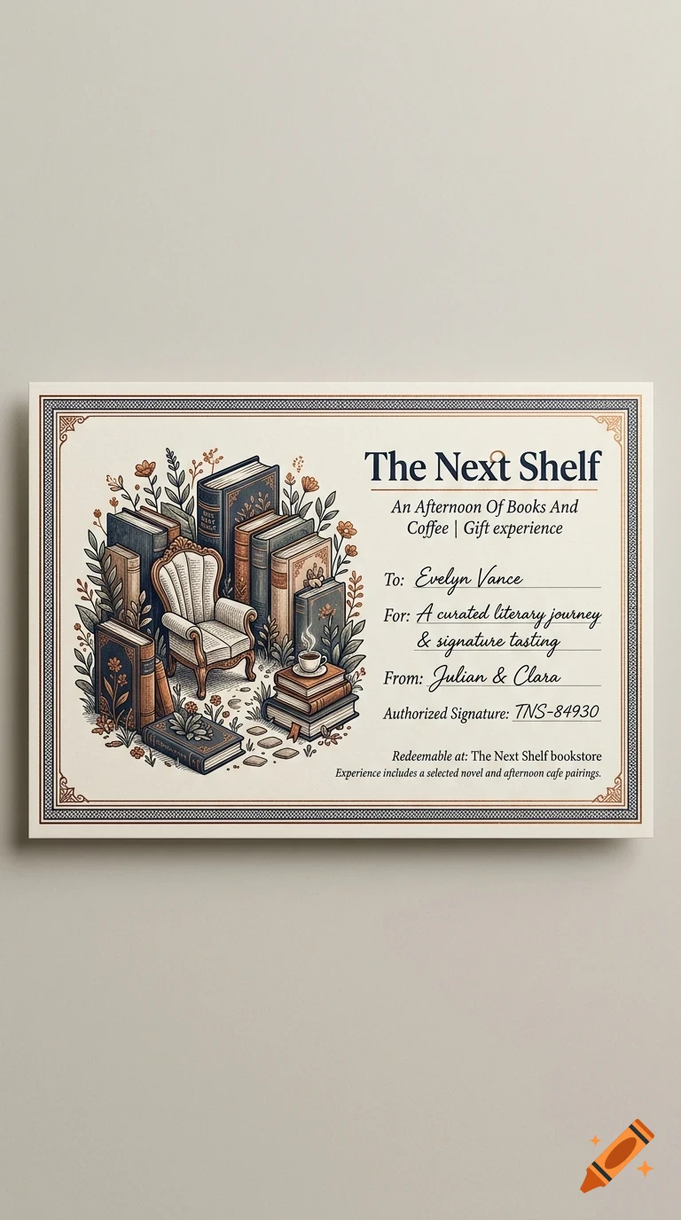 A gift experience card for The Next Shelf featuring an illustration of books, an armchair, and plants with decorative borders and text.