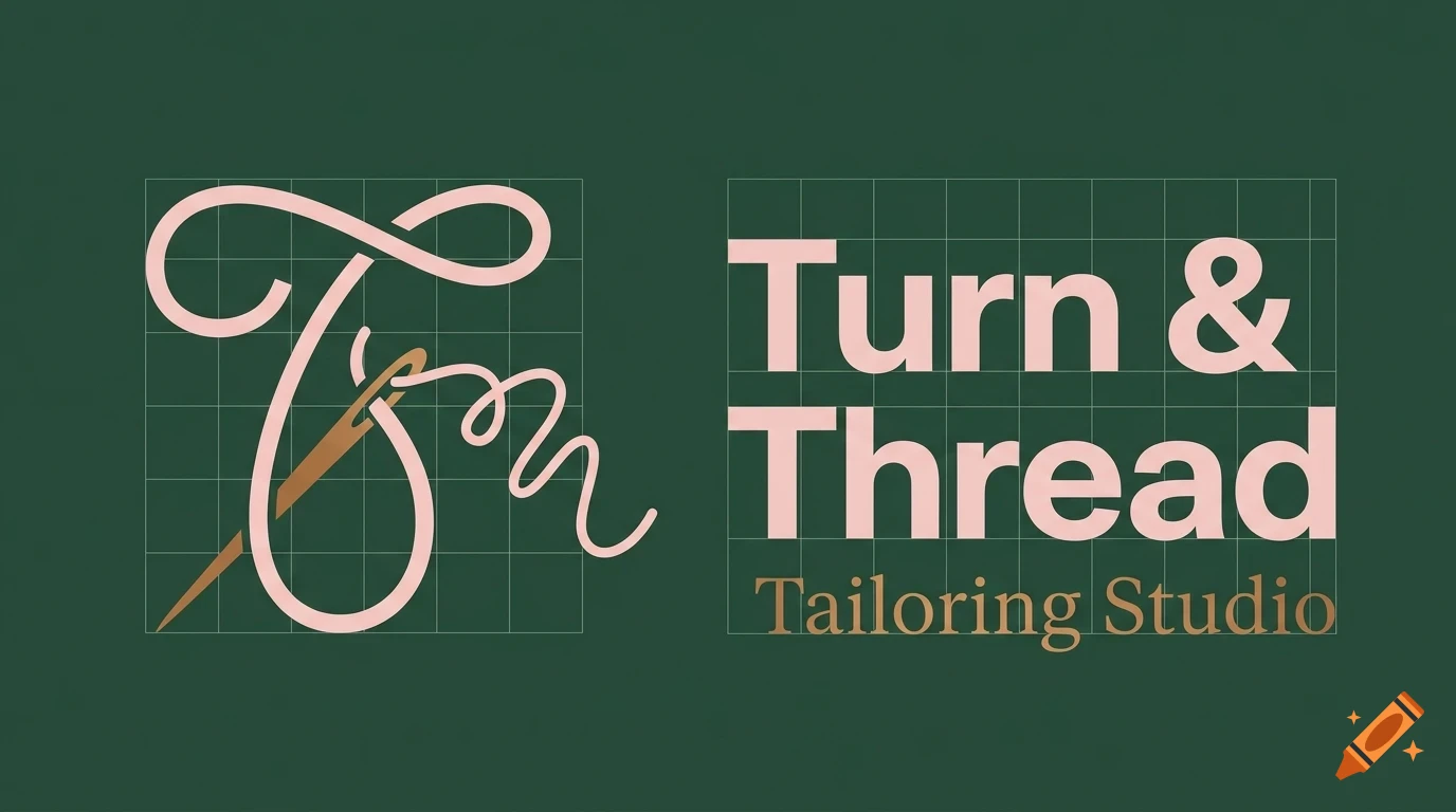 A logo design for Turn & Thread Tailoring Studio featuring a needle and thread forming a letter on a green grid background.