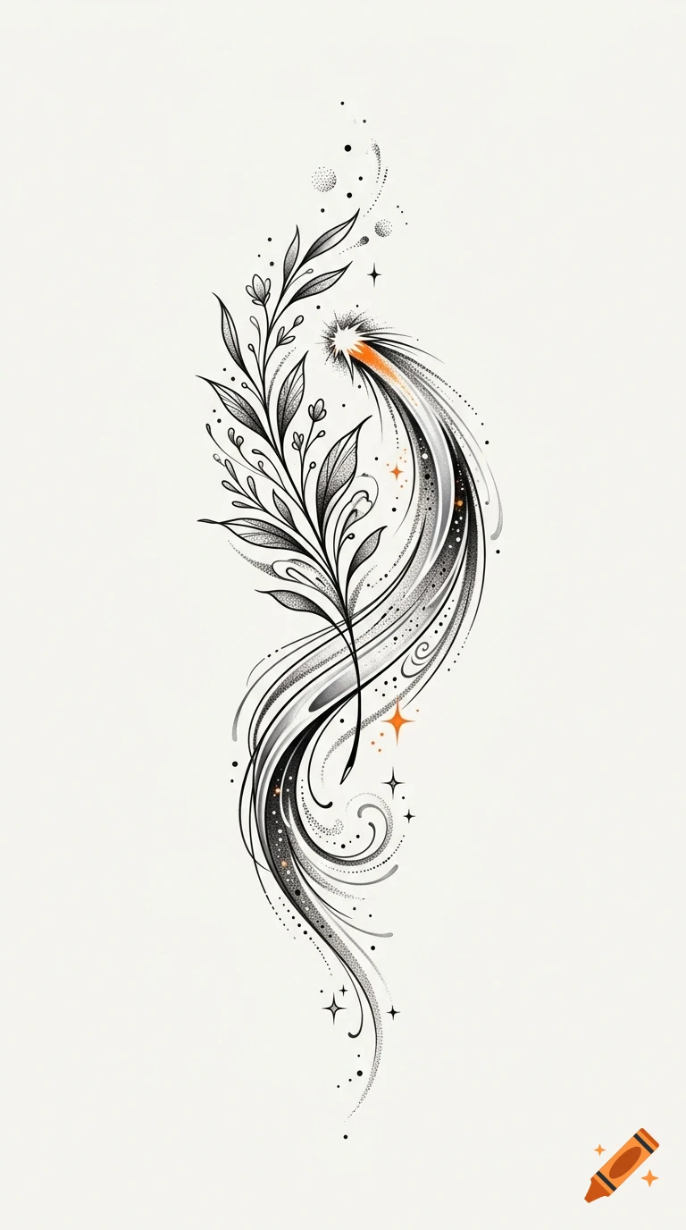 An intricate black line art and stippling design featuring a leafy branch merging into a curving celestial streak with stars.