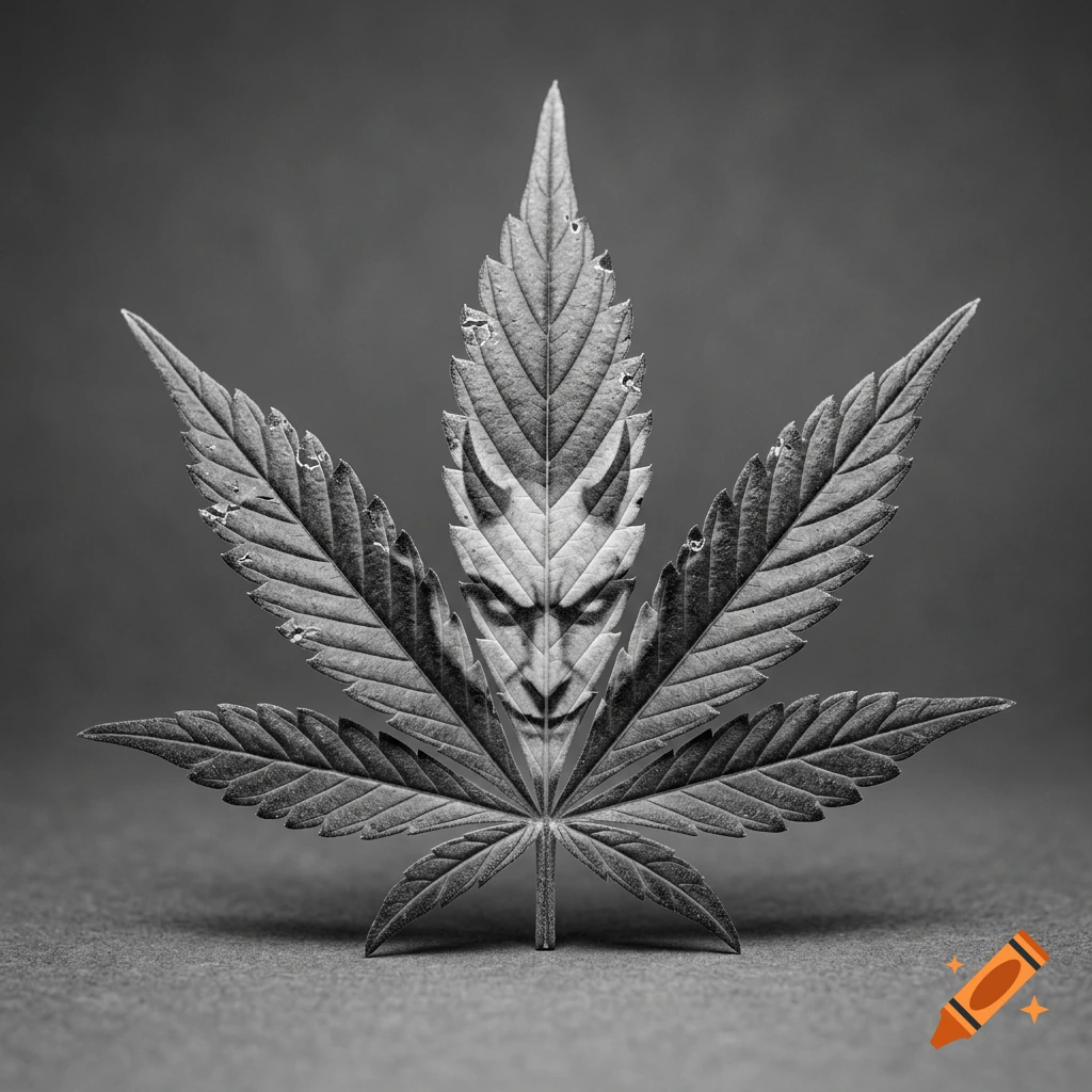 Black and white close-up photo of a cannabis leaf featuring a subtle devil face subtly integrated into the central leaflet.