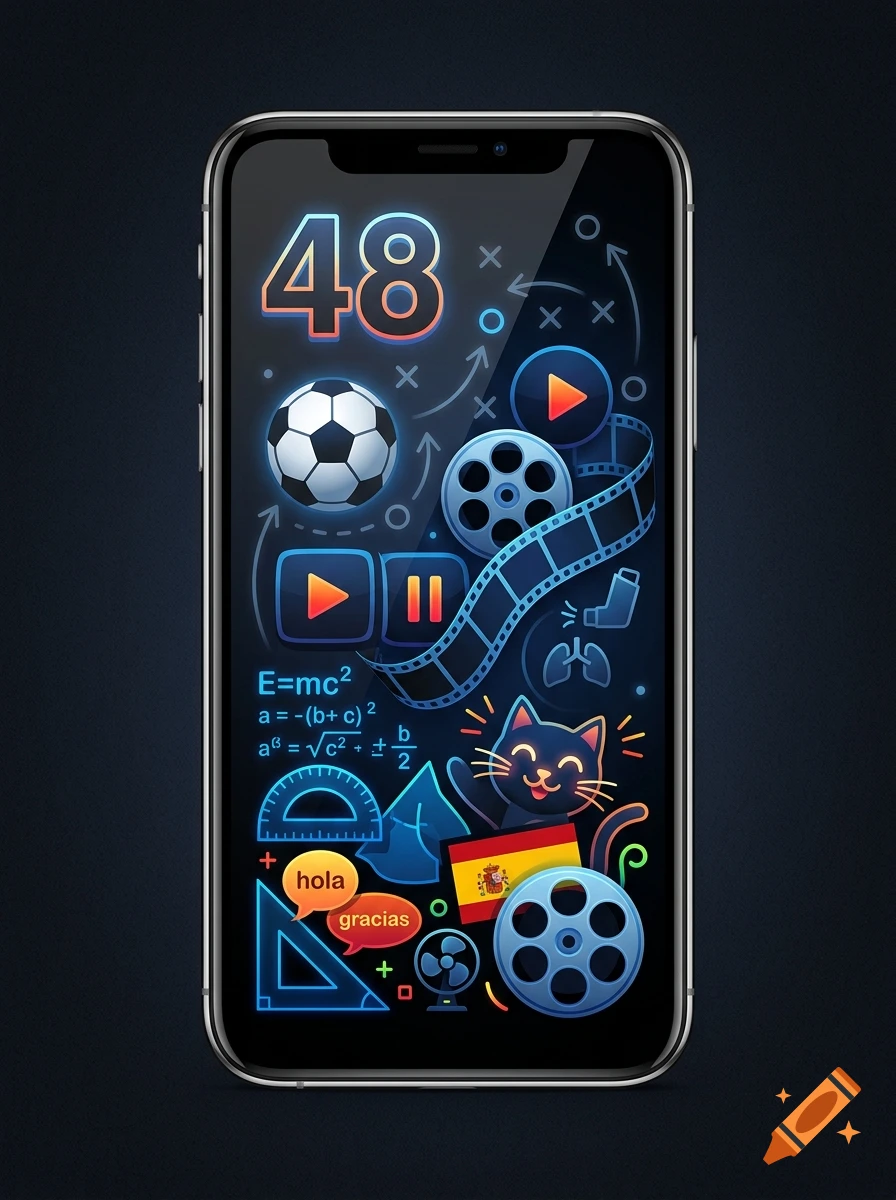 Digital illustration of a smartphone displaying a colorful dark-themed interface with icons, numbers, and symbols.