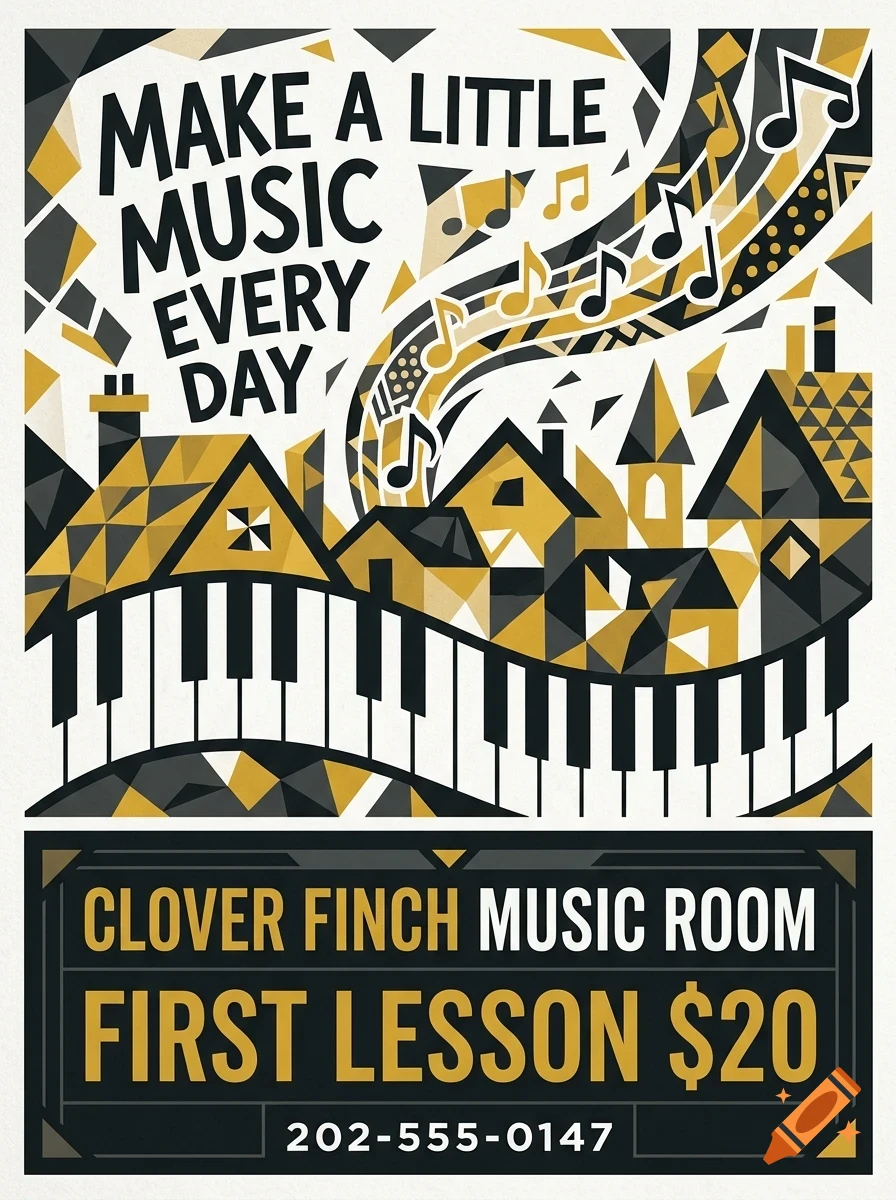 An artistic geometric poster featuring piano keys, a townscape, musical notes, and lettering that reads 'MAKE A LITTLE MUSIC EVERY DAY' and 'CLOVER FINCH MUSIC ROOM'.