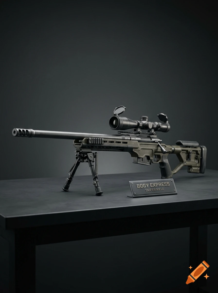 Photorealistic image of a sniper rifle with a scope and bipod on a dark table, with a plaque reading BOGY EXPRESS SNIPER RIFLE.