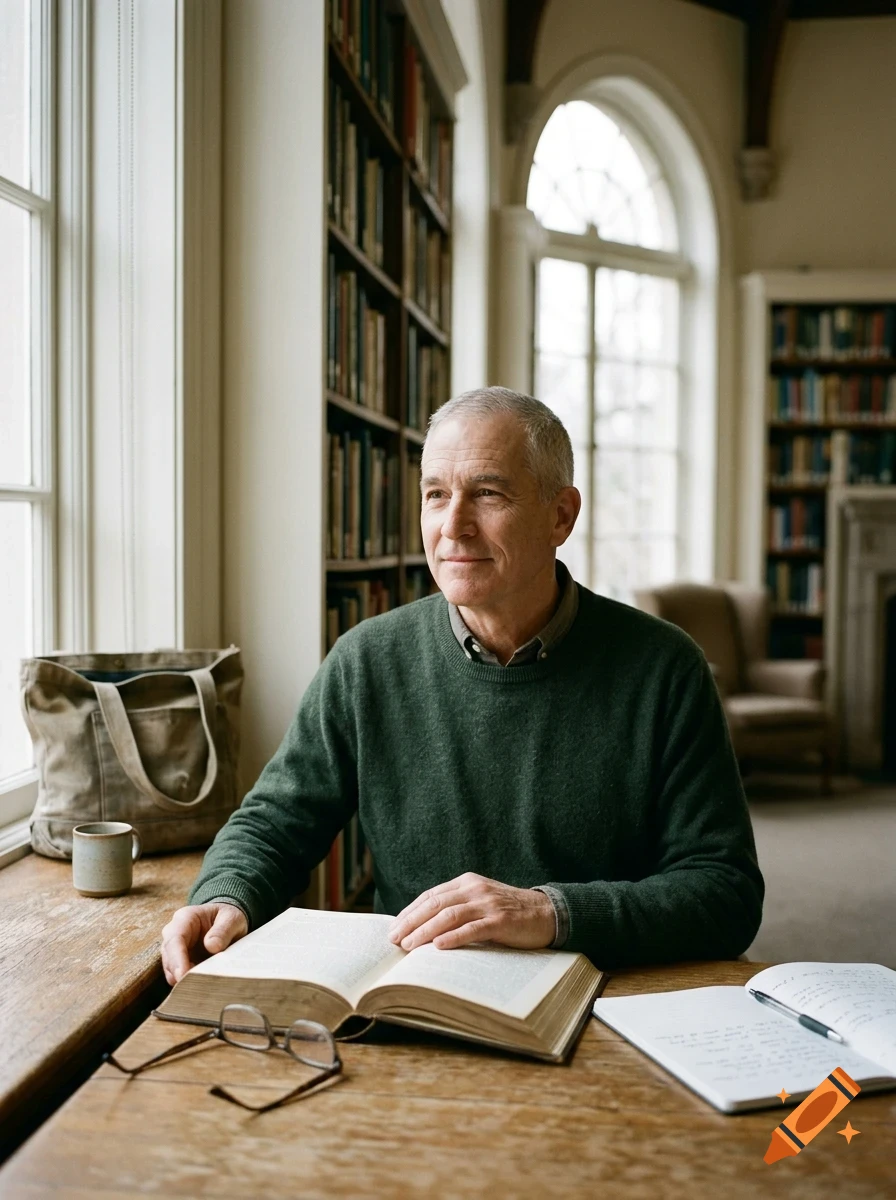 An older man sitting at a wooden desk with an open book, reading in a library.