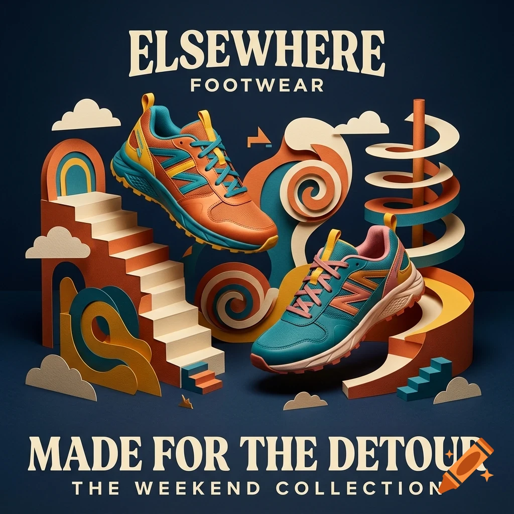 An advertisement for Elsewhere Footwear featuring two colorful sneakers surrounded by papercraft playground elements and typography.