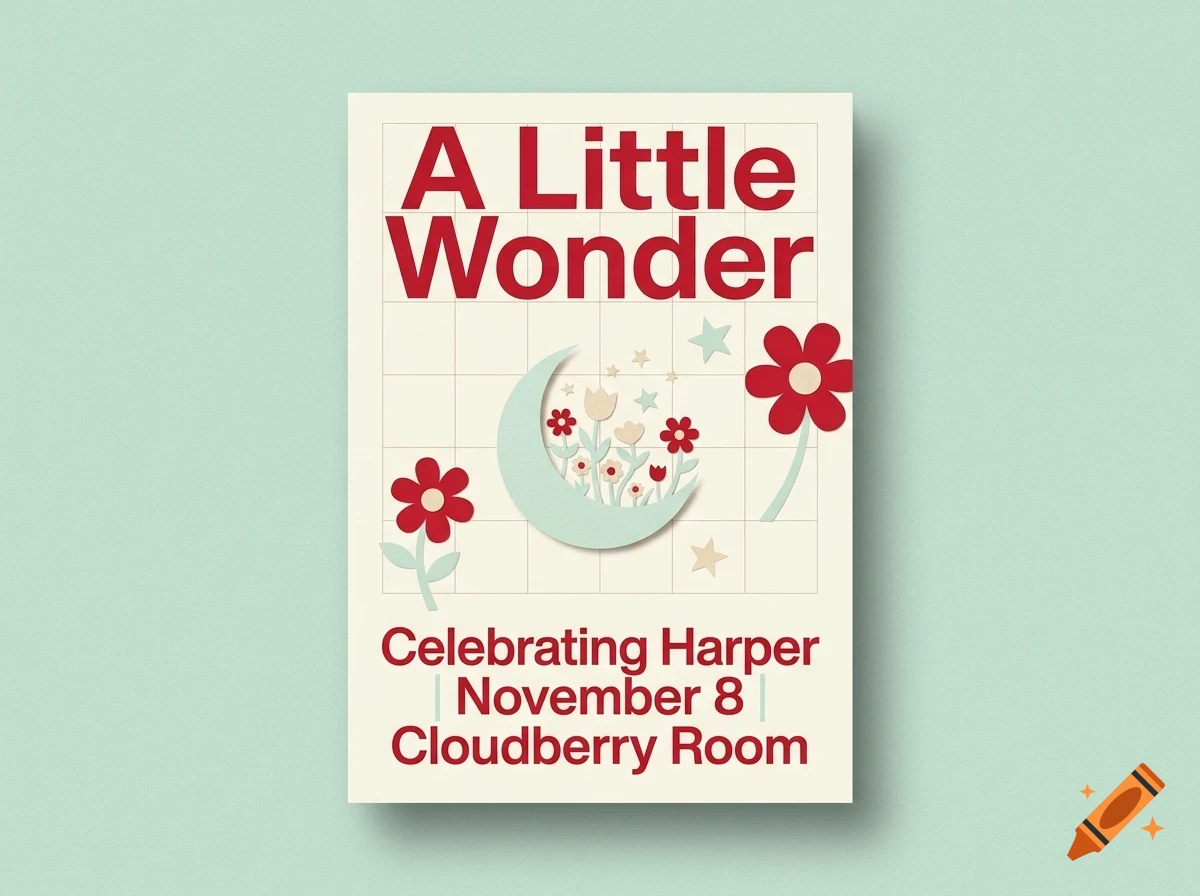 A poster with red lettering reading A Little Wonder, a crescent moon with flowers, stars, and Celebrating Harper November 8 Cloudberry Room.