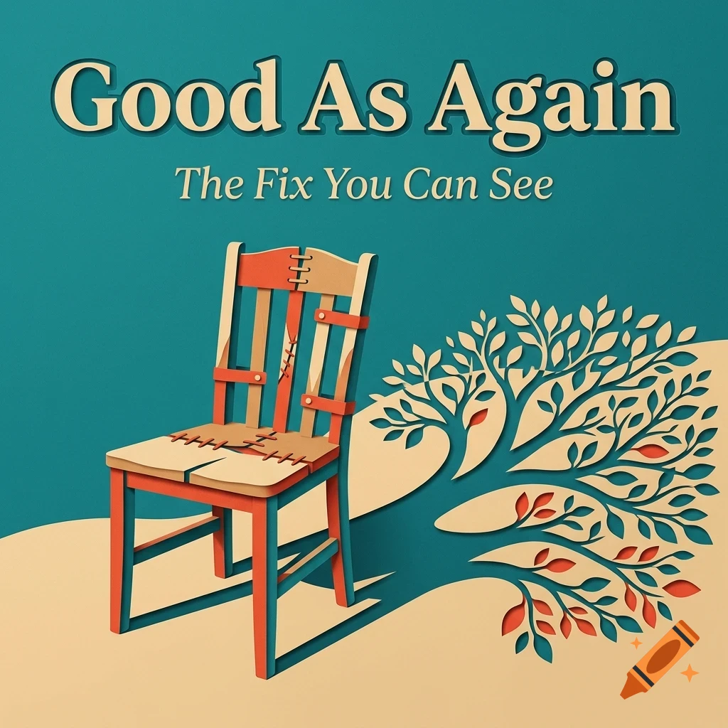 An illustration of a wooden chair with stitches and straps holding it together, casting a shadow that forms a tree, with the text Good As Again and The Fix You Can See above it.