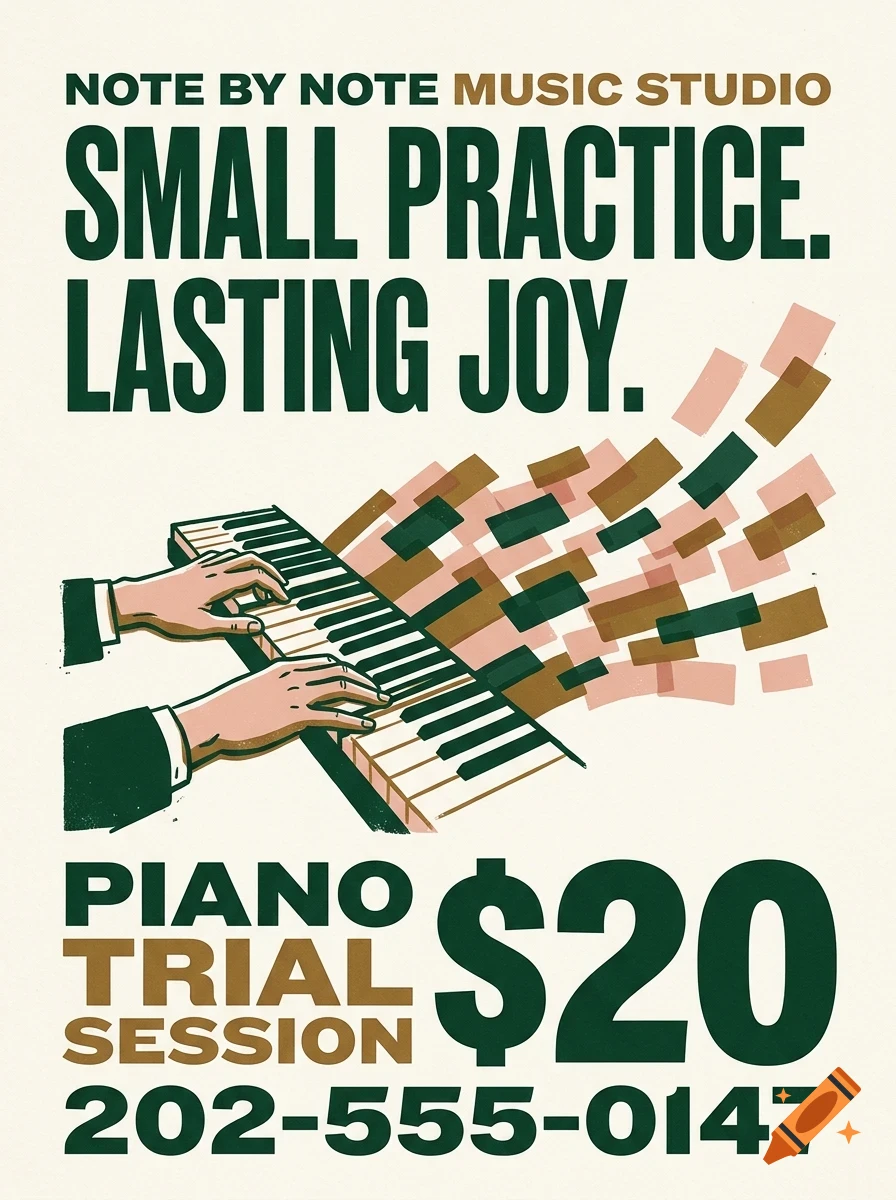 An illustrated poster advertising a piano trial session with hands playing a keyboard and the text NOTE BY NOTE MUSIC STUDIO.