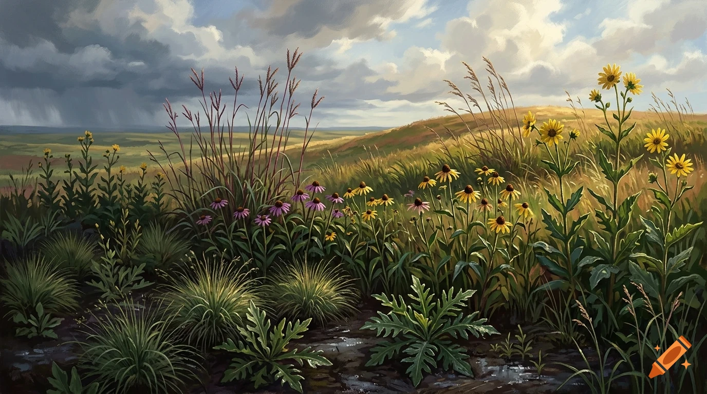 A digital painting of a grassy field under a cloudy, stormy sky with yellow and purple wildflowers in the foreground.
