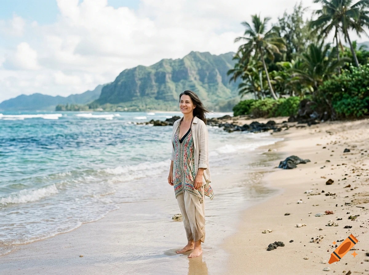 A woman standing on a sandy beach by the ocean with tropical mountains and palm trees in the background, photorealistic style.