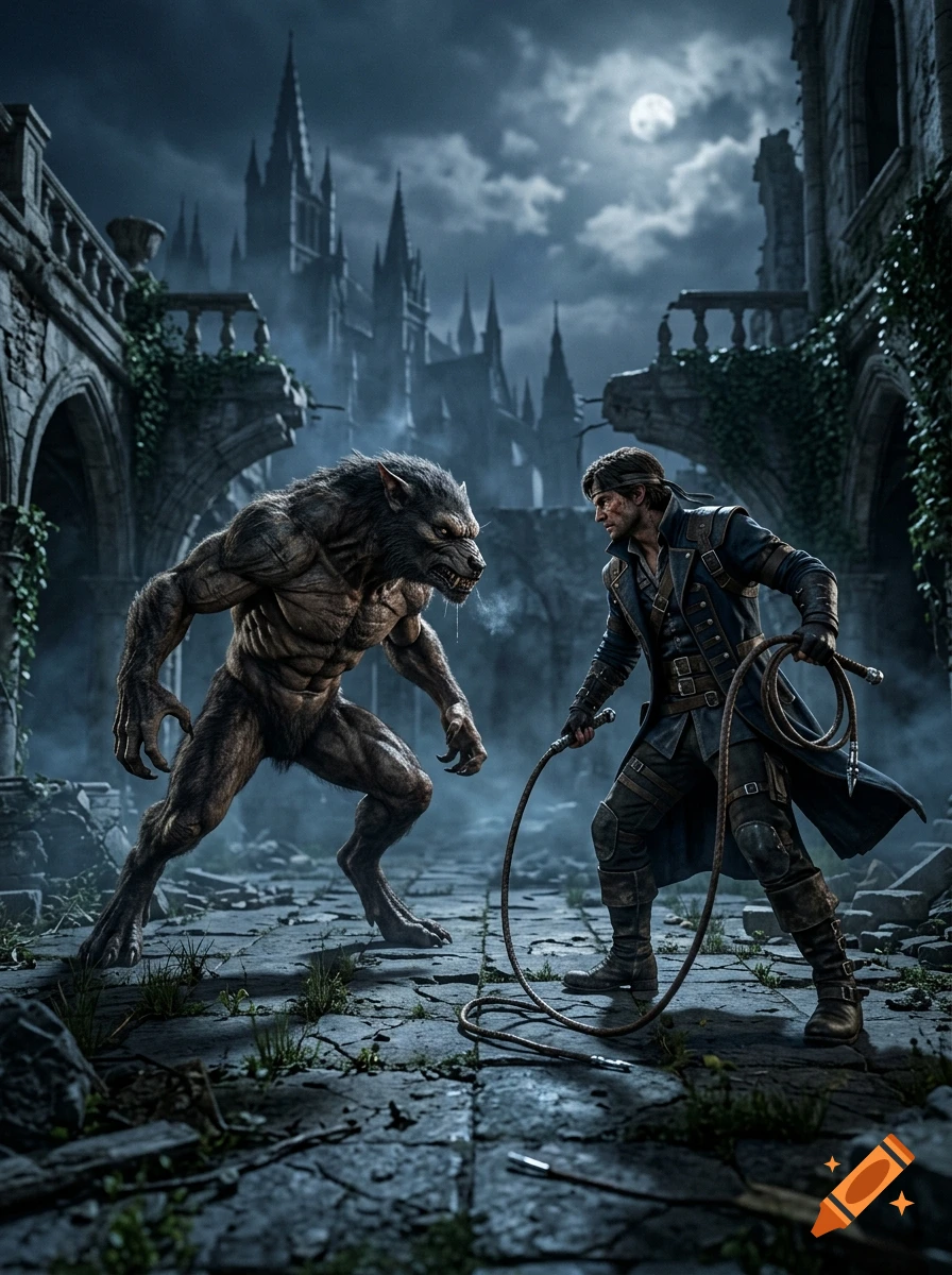 A man in a blue coat holding a whip faces a werewolf in a gothic courtyard at night, digital art.
