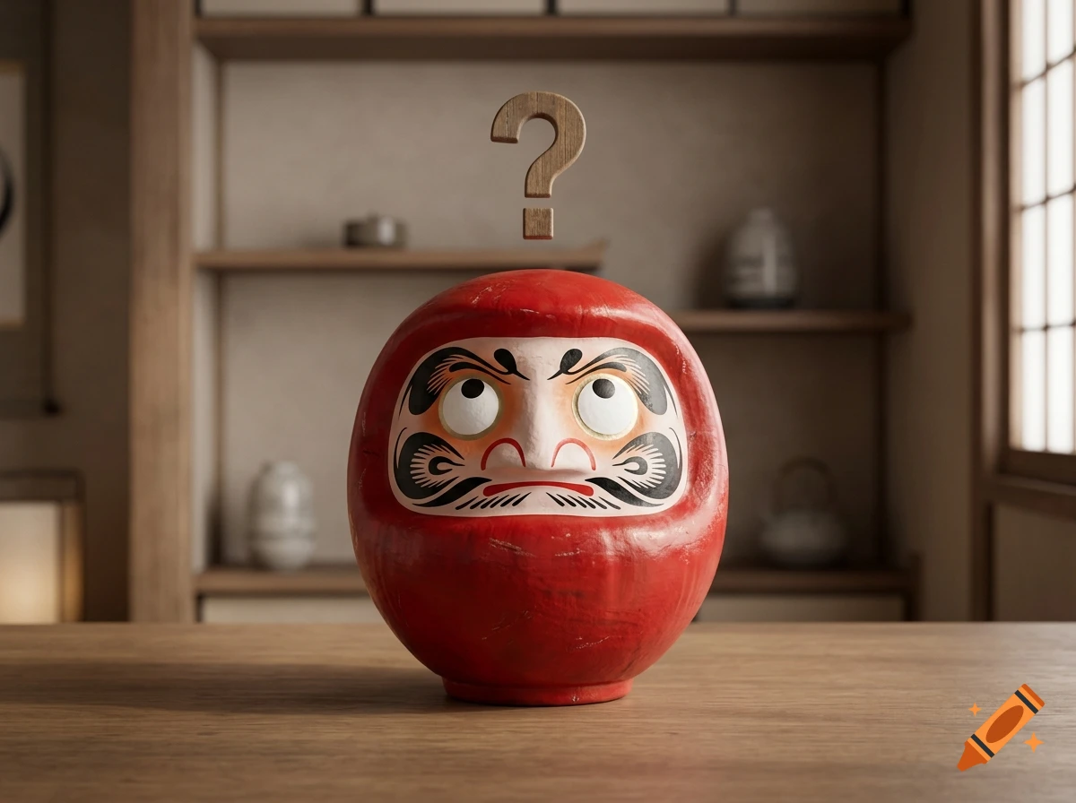A photorealistic red Daruma doll sits on a wooden table with a wooden question mark floating above its head.