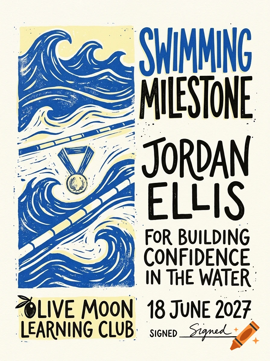 An illustrated certificate with blue waves and a medal, featuring the text Swimming Milestone, Jordan Ellis, and Olive Moon Learning Club.