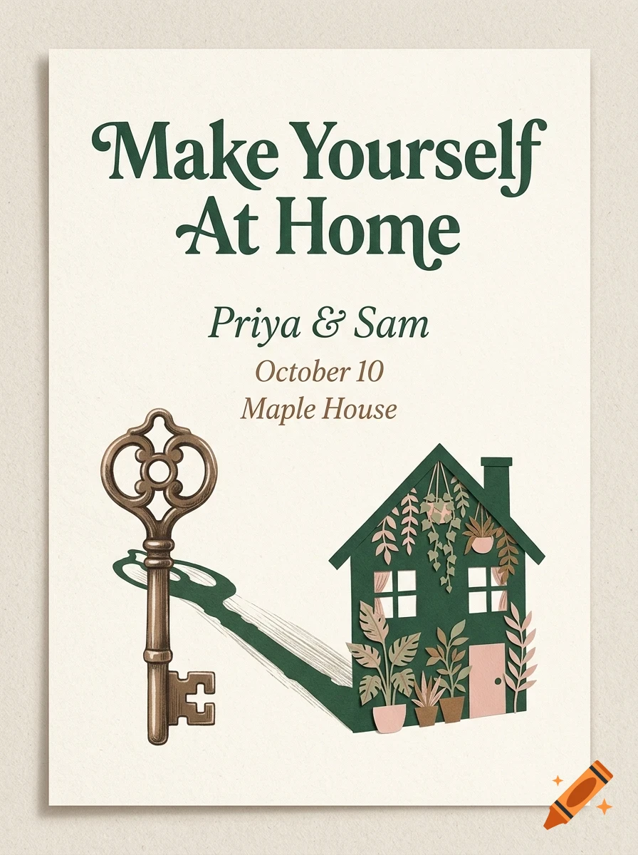 An invitation card featuring the text Make Yourself At Home, Priya & Sam, October 10, Maple House, a vintage key, and a green house illustration.