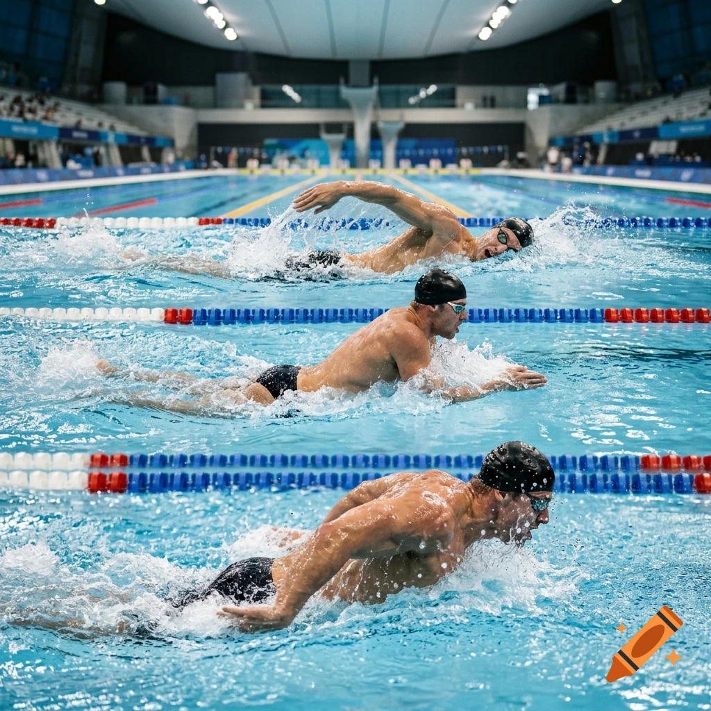 Three swimmers performing different strokes in an indoor Olympic-sized swimming pool, photorealistic style.