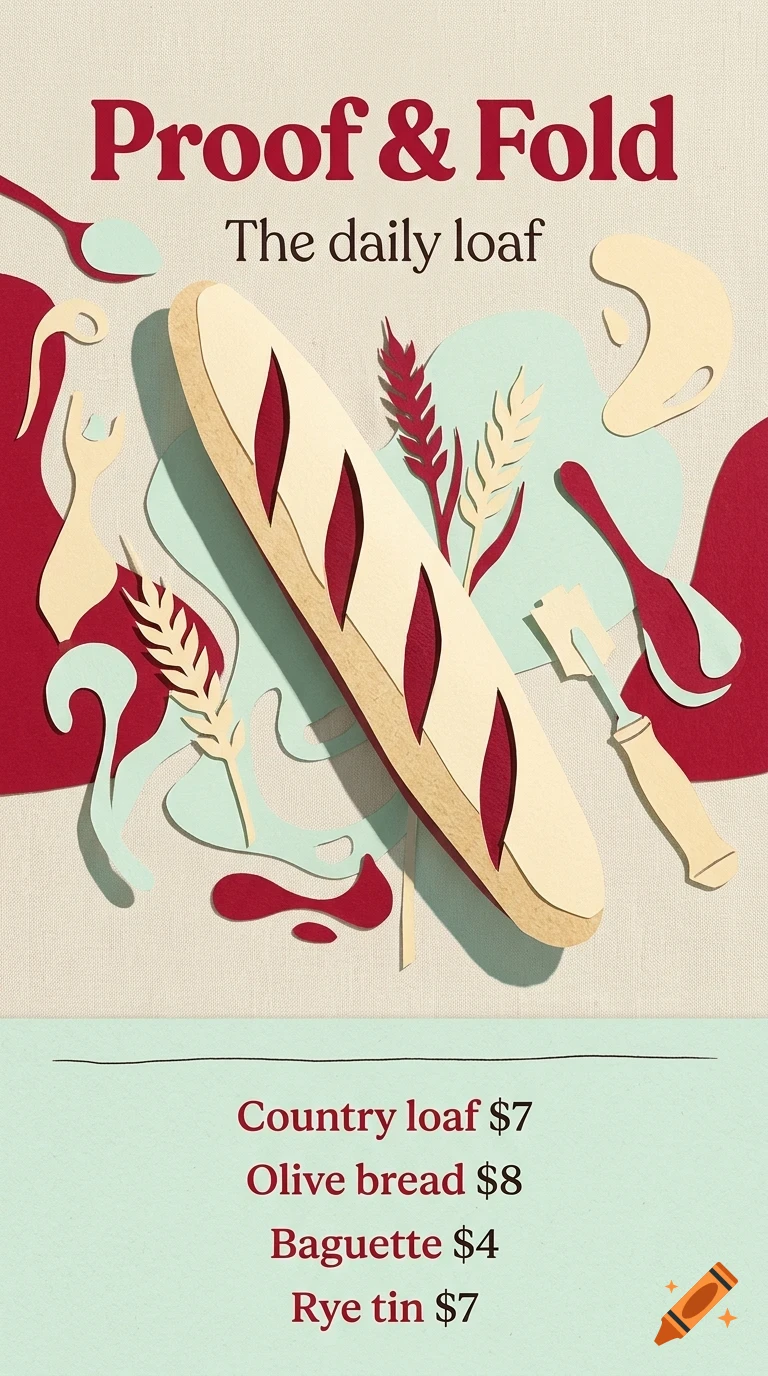 A stylized papercut illustration advertising a bakery with bread and wheat motifs, listing items and prices.