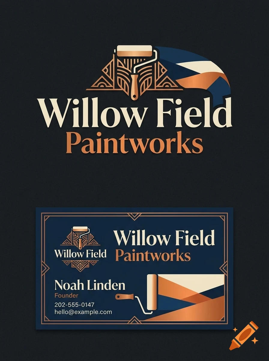 A business card and logo design for Willow Field Paintworks featuring a paint roller icon and art deco styling.
