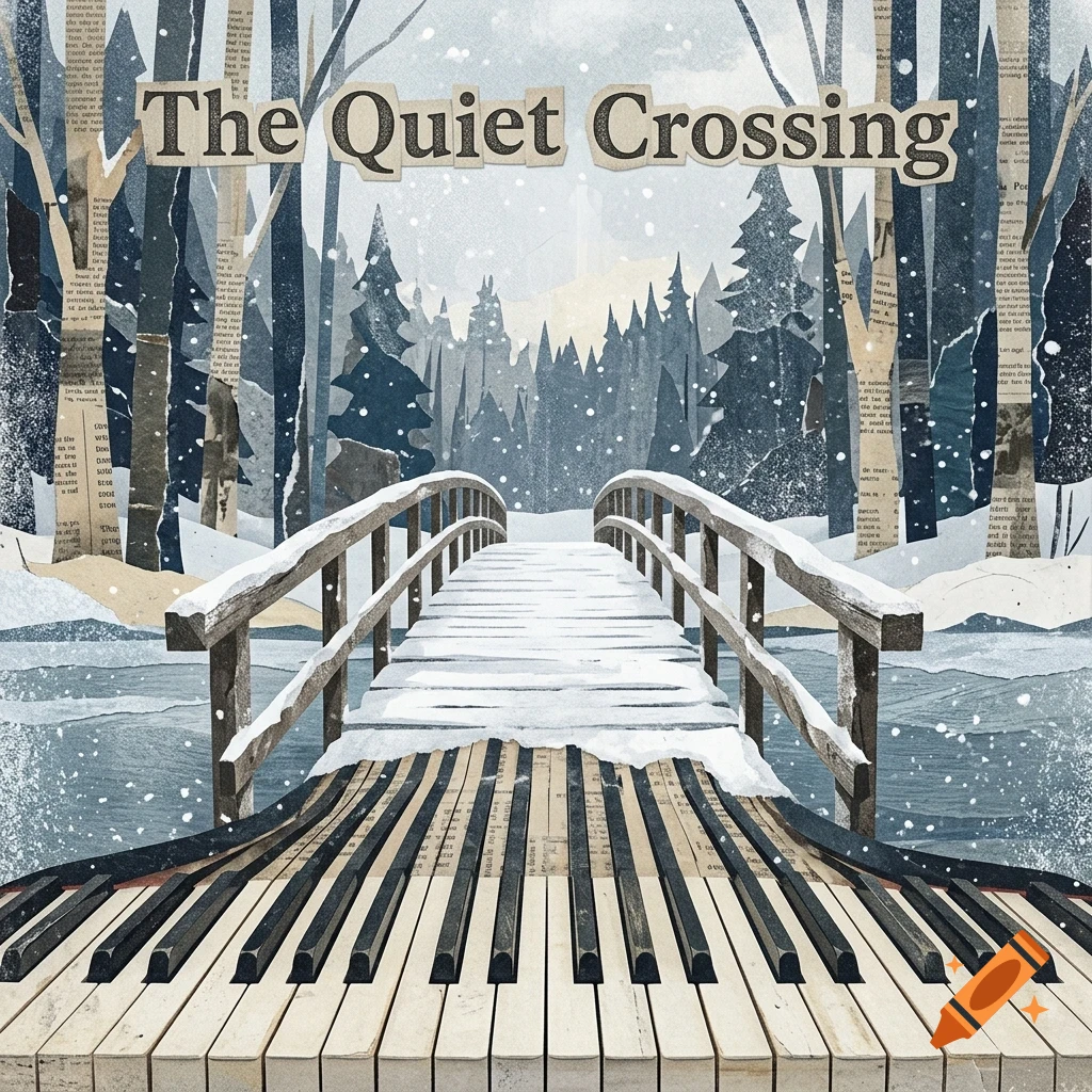 A snowy winter scene with a bridge made of piano keys leading into a forested landscape, featuring the title text The Quiet Crossing.