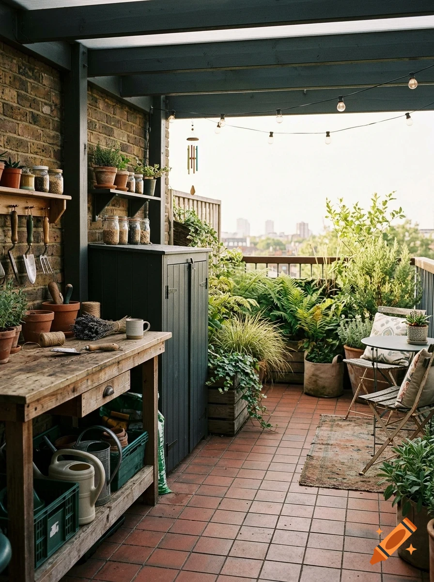 A covered outdoor balcony filled with potted plants, a wooden potting bench, and string lights.