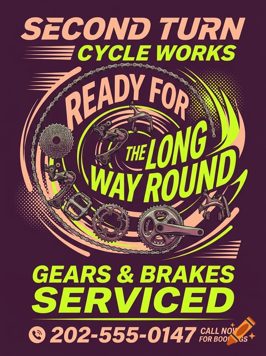 A poster design for Second Turn Cycle Works featuring bicycle components and text.
