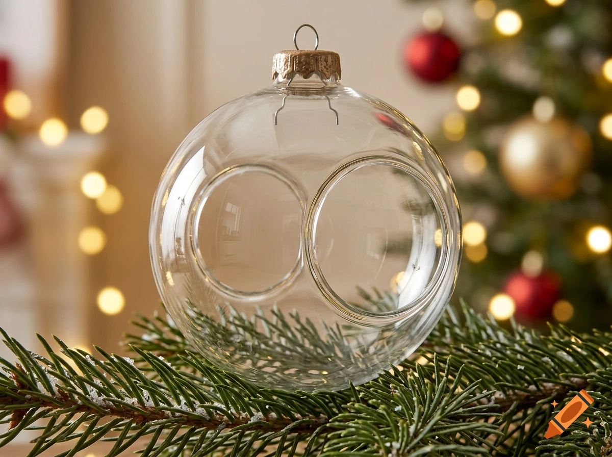 Transparent glass Christmas ornament resting on pine tree branches in front of a blurred, glowing Christmas tree.