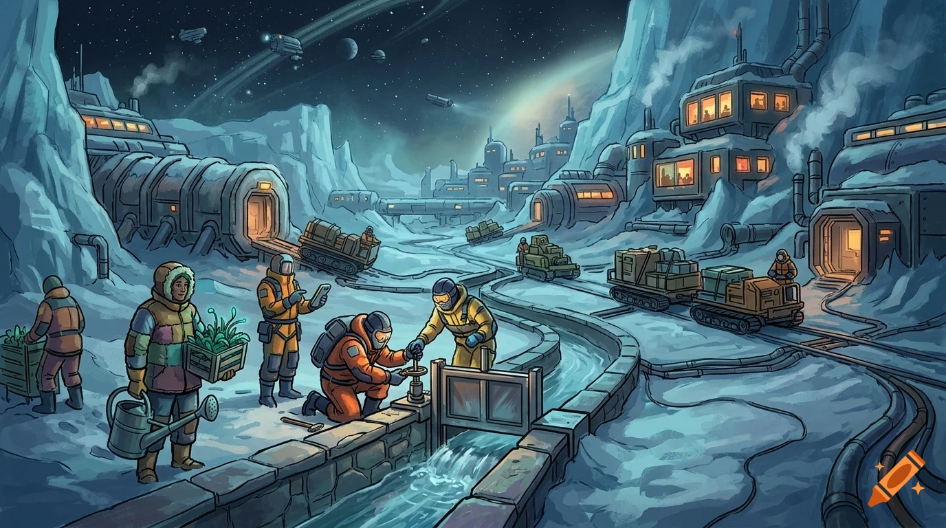 An illustration of a futuristic base in a snowy, mountainous alien landscape with people in protective gear working near a flowing canal.