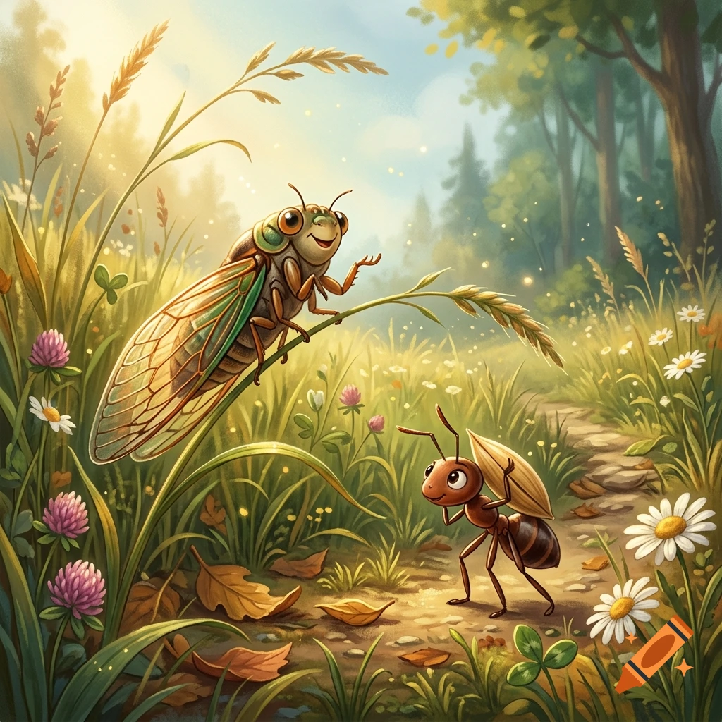 Digital illustration of a smiling cicada on a blade of grass and a small ant carrying a seed in a sunlit forest.