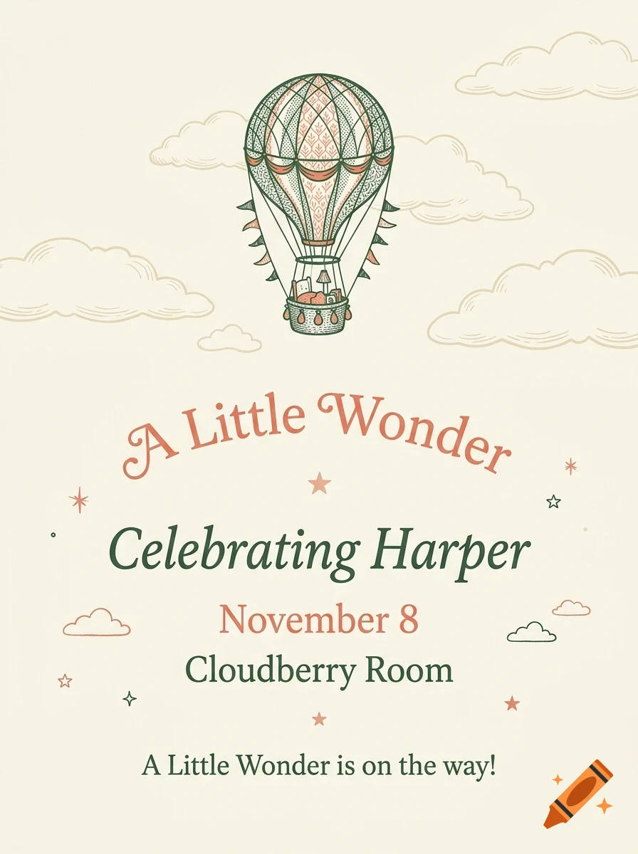 An invitation design featuring a hot air balloon floating among clouds with text reading A Little Wonder Celebrating Harper November 8 Cloudberry Room.