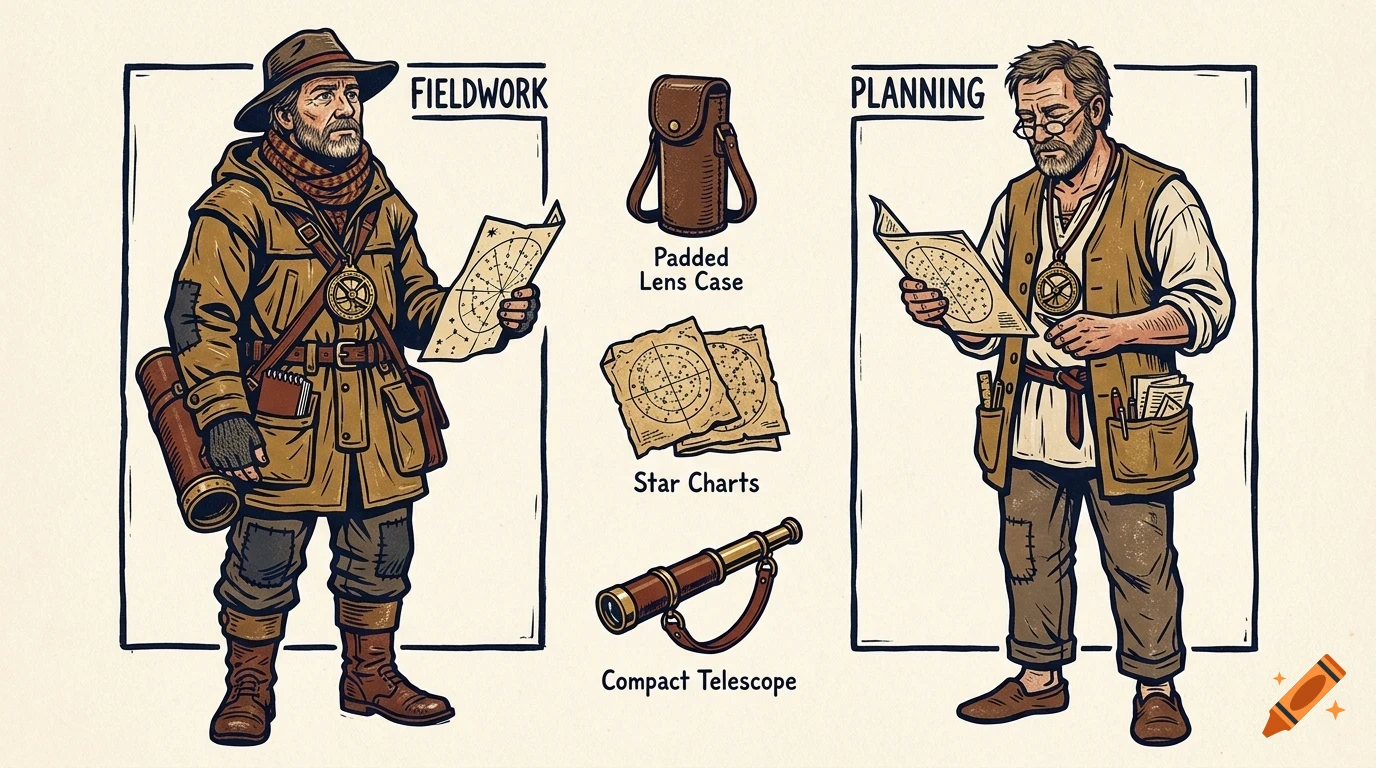 An illustrated character sheet showing a bearded man in two phases: fieldwork with a jacket and hat holding a map, and planning holding a star chart, alongside equipment like a telescope and charts.