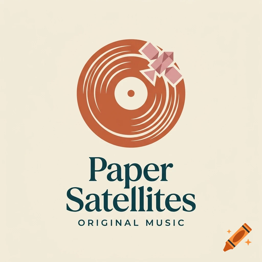 A graphic design featuring a brown vinyl record with a pink satellite resting on it, and the text "Paper Satellites ORIGINAL MUSIC" underneath.