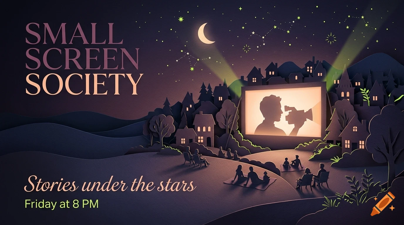An outdoor movie screening under a starry night sky with a crescent moon, showing people watching a film projected on a screen in front of a papercraft-style village.