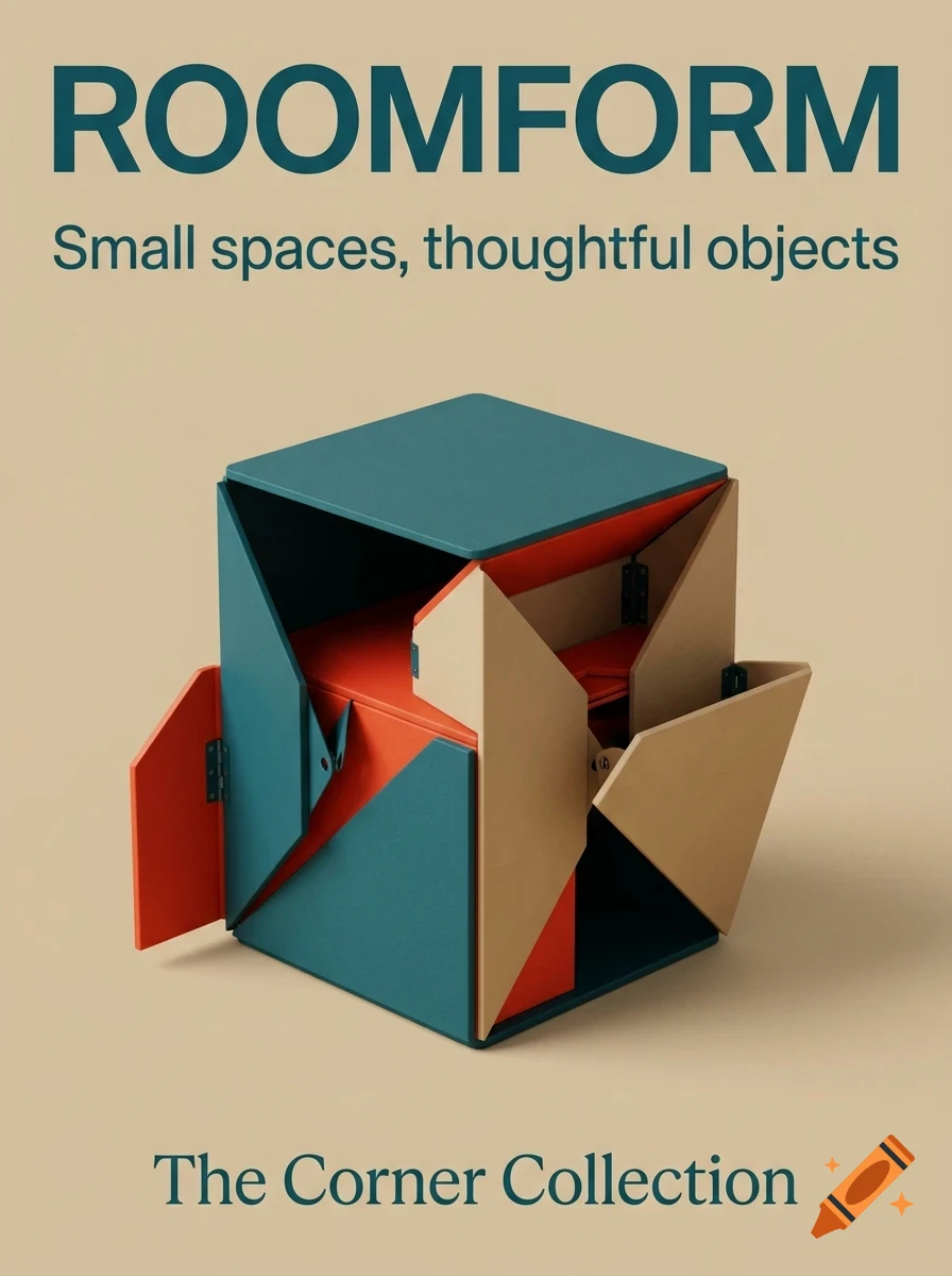 An intricate geometric cabinet with folding panels in teal, orange, and beige against a plain background, accompanied by text.