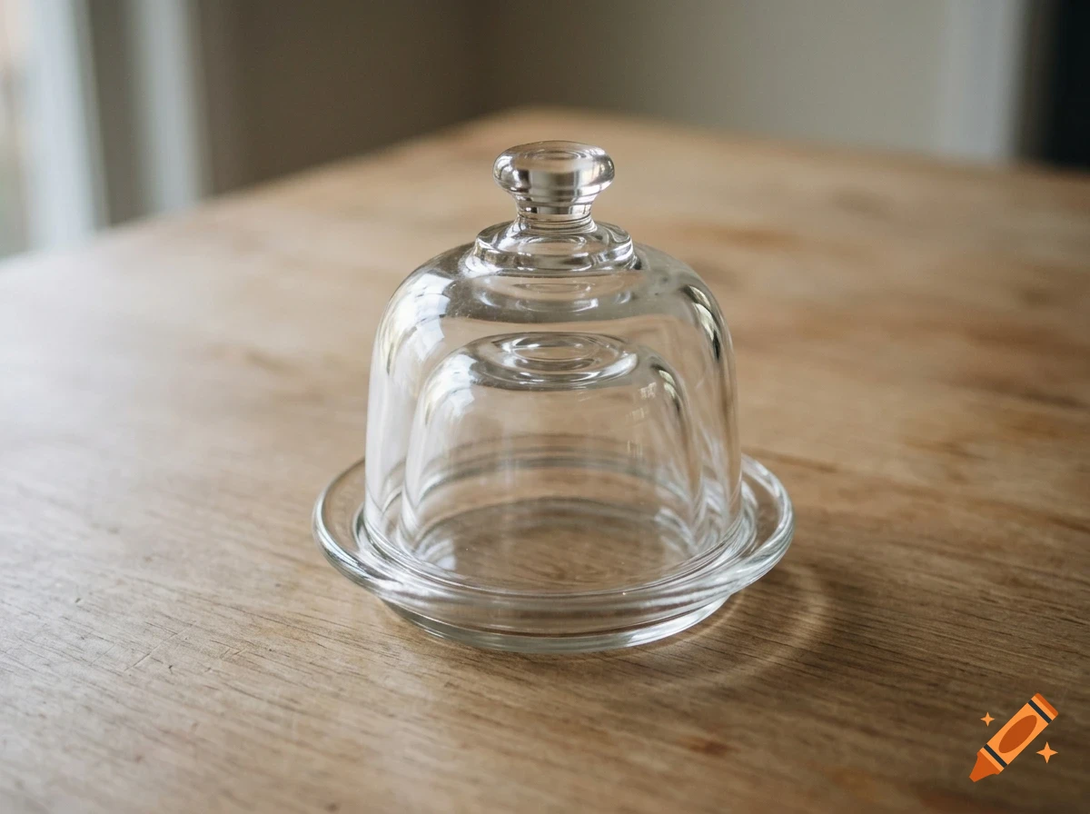 An empty glass butter dish with a dome lid sits on a wooden table.