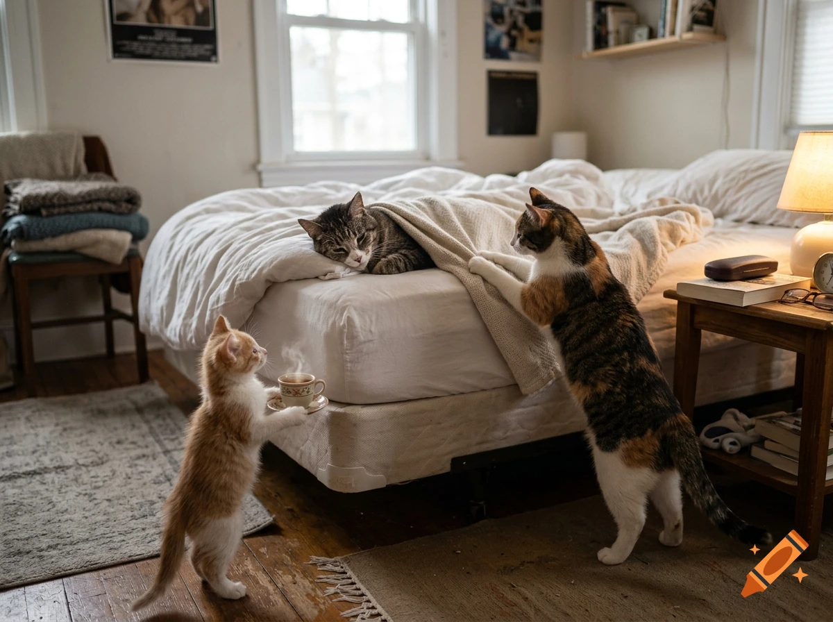 Photorealistic image of three cats in a bedroom, one kitten bringing a tiny cup of tea to a cat lying in bed.