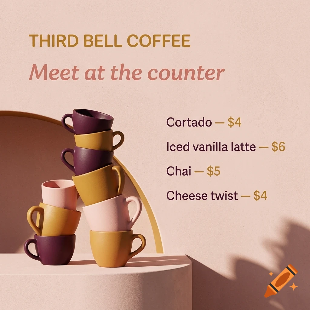 A poster for Third Bell Coffee featuring a stack of colorful coffee cups and a menu with prices.