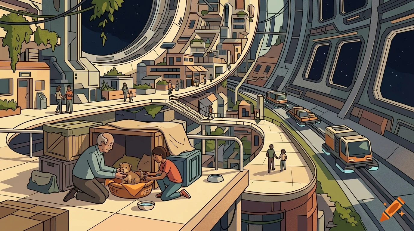 An illustration of a futuristic O'Neill cylinder space colony with people walking, hovering transport vehicles, and buildings curving upward along the interior walls.
