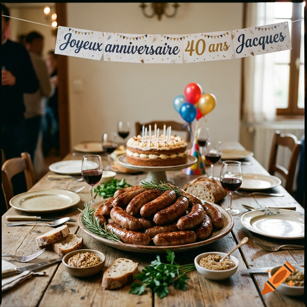 Photorealistic image of a long wooden dining table set with sausages, a birthday cake, wine glasses, and a banner that says Joyeux anniversaire 40 ans Jacques.