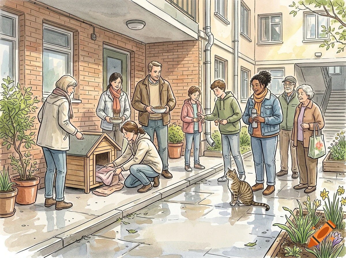 A group of diverse people gathered in an apartment courtyard with a dog house and a cat.