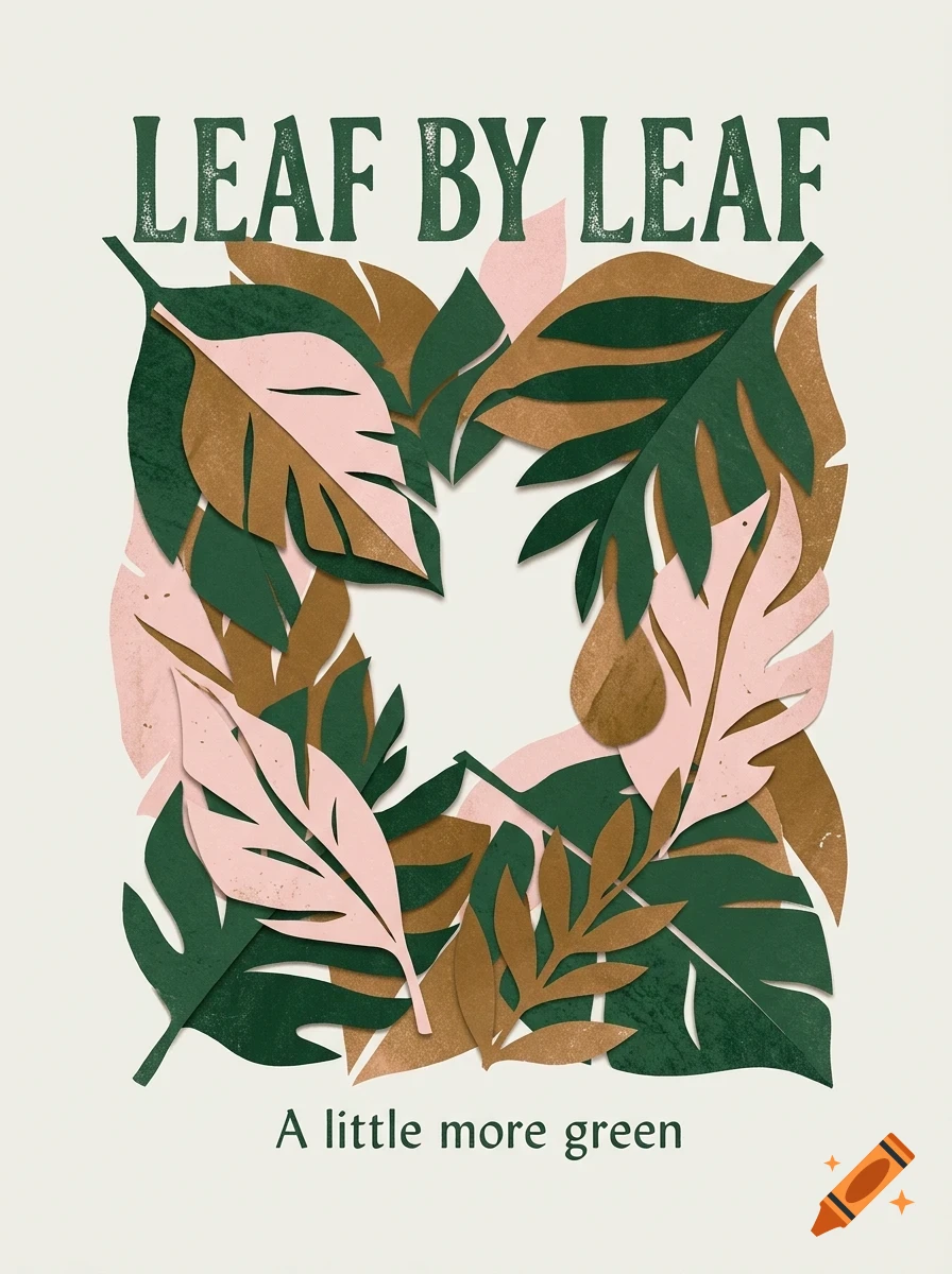 A poster with cut-out style tropical leaves in shades of green, brown, and pink, featuring the text LEAF BY LEAF and A little more green.